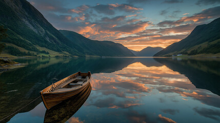 Fototapeta premium Serene sunset over calm fjord with a single wooden pier, reflecting golden light, tranquil waters, and peaceful natural scenery.