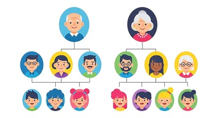 Illustrated family tree with diverse generations and individuals illustration people