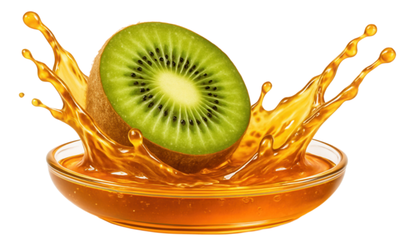 A halved kiwi splashing into a dish of honey, sending a shower of nutmeg into the air.
