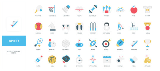 Modern flat style sport icons set features various activities, equipment, and health elements with clear titles for each symbol, useful for sports, fitness, wellness isolated vector illustration
