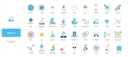 Collection of flat style space icons featuring planets, satellites, astronauts, scientific tools, and cosmic elements, each labeled for educational and research themes isolated vector illustration © Iconic Prototype