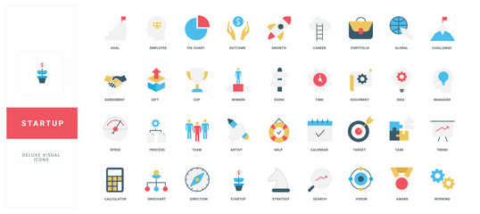 Modern flat style startup icons set with business, finance, management, and growth concepts, each labeled with titles for clear identification isolated vector illustration