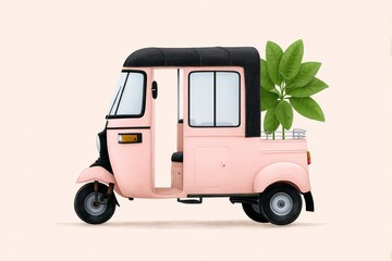 Obraz premium Unique illustration of a pastel pink auto rickshaw adorned with lush greenery symbolizing ecological transportation solutions blending urban charm with environmental consciousness