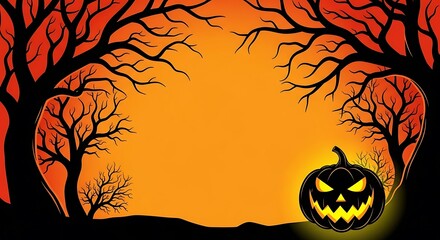Spooky Halloween scene with a glowing jack-o'-lantern and silhouetted gnarled trees against an orange sky