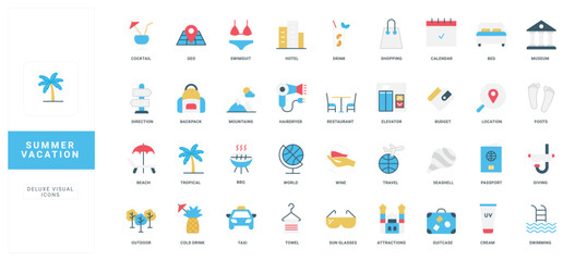 Colorful flat icons representing summer vacation essentials, travel, leisure, beach, adventure, and relaxation activities, perfect for planning and exploring holiday trips isolated vector illustration