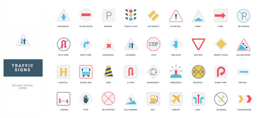 Comprehensive set of flat style traffic signs with labeled titles, including regulatory, warning, and informational road symbols for driving safety and navigation isolated vector illustration