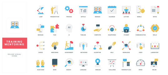 Flat style icons representing training, mentoring, education, achievement, digital learning, communication, and teamwork concepts, suitable for modern business academic isolated vector illustration