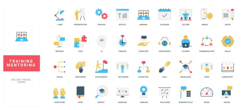 Flat style icons representing training, mentoring, education, achievement, digital learning, communication, and teamwork concepts, suitable for modern business academic isolated vector illustration
