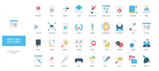 Modern flat style icons for writing, editing, publishing, and digital content creation, including text, document, author, and education concepts isolated vector illustration
