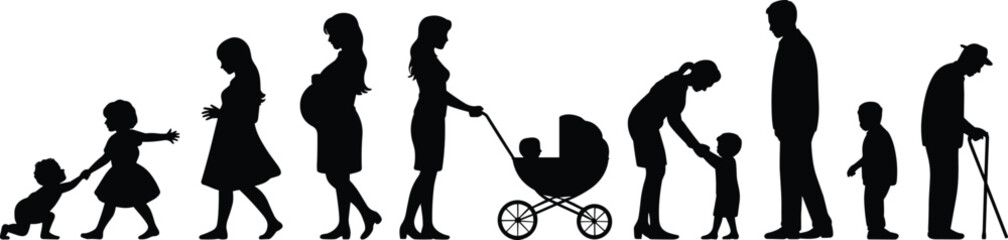 Silhouette of human life stages from baby to elderly, family generations concept, growth aging development illustration isolated on white background