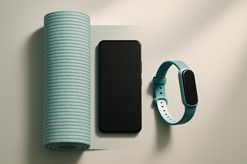 Healthy Lifestyle Essentials: Yoga Mat, Smartphone, and Fitness Tracker Lay Flat