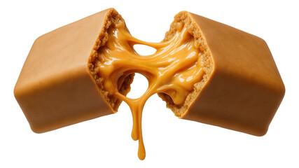 Protein bar split open, revealing a chewy peanut butter core pulling apart.