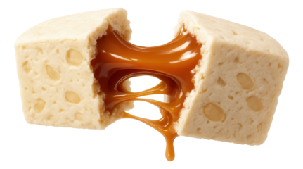 Nougat bar torn, with a caramel filling creating delicate stretch lines.