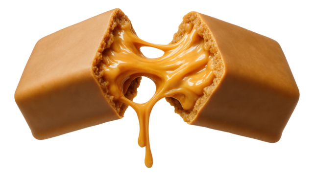 Protein bar split open, revealing a chewy peanut butter core pulling apart.