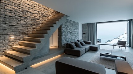 Modern interior featuring stone walls, a staircase, and a view of snowy mountains