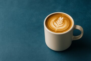 Top view of cappuccino in teal ceramic mug with creamy latte art on dark teal background, inviting warm coffee drink scene