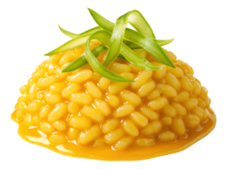 Arborio rice enveloped in a saffron-infused sauce, dotted with shaved asparagus.