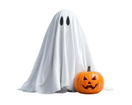Ghost costume white sheet spooky Halloween jack o lantern pumpkin isolated playful autumn decoration. playful ghost costume draped white sheet stands beside carved jack o lantern pumpkin creating
