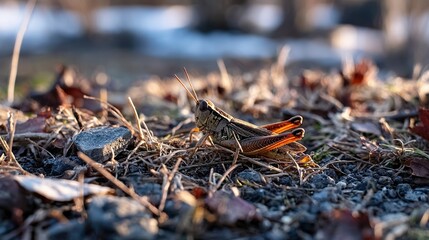 A close-up of a grasshopper resting on a bed of dried leaves and gravel, illuminated by soft sunlight, Ideal for nature-related projects, educational materials, or articles about biodiversity,