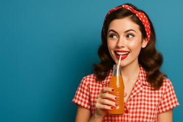 Red-haired woman holding a glass of lemonade with a straw against a teal background