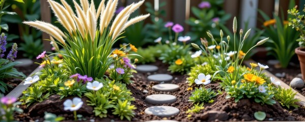 a tiny compact garden with aromatic herbs, ornamental grasses, and small flowering plants producing subtle fragrance and harmonious peaceful outdoor retreat