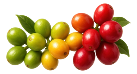 A spread of coffee cherries, each at different stages of ripeness.