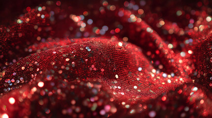 Soft sequined red fabric shimmers beautifully under sparkling light reflections, symbolizing glamour, elegance, and luxurious fashion texture.