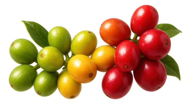 A spread of coffee cherries, each at different stages of ripeness.