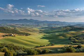 Obraz premium breathtaking summer landscape showcasing lush green meadows under clear blue sky adorned with solitary clouds