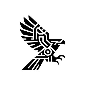 minimalist black aztec totem eagle bird or Mayan and Inca tribal symbol vector flat design.