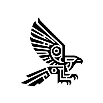 minimalist black aztec totem eagle bird or Mayan and Inca tribal symbol vector flat design.