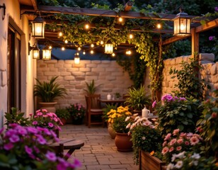 a small garden terrace with hanging lanterns emitting warm soft light over flowering plants producing a relaxing peaceful night atmosphere ideal for reflection