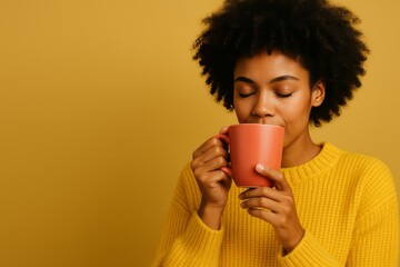 Young woman with afro curls wearing a mustard sweater enjoying a hot drink from a pink mug against yellow background, cozy beverage and lifestyle concept
