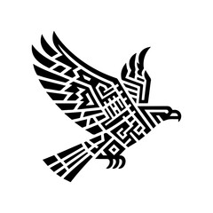 minimalist black aztec totem eagle bird or Mayan and Inca tribal symbol vector flat design.