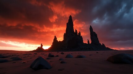 A dramatic landscape at sunset features towering rock formations against a vivid sky, This image is ideal for travel blogs, nature articles, and wallpapers, It evokes adventure and awe,