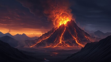 A dramatic volcanic eruption illuminates the sky with fiery colors, showcasing molten lava cascading down the mountain, This image can be used for educational materials, adventure travel brochures