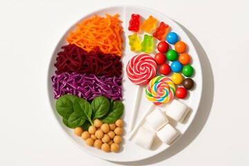 Balanced concept plate with spinach, chickpeas, shredded carrots, cabbage, beetroot alongside lollipops, gummies, candies and marshmallows