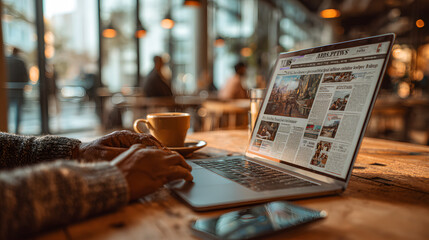 Watching news online on laptop with mobile newspaper technology