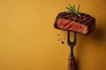 Juicy beef steak on a fork garnished with rosemary and herbs, isolated against a yellow background with copy space