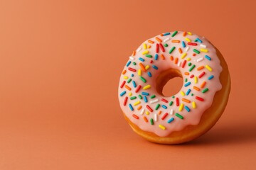 Donut with white icing and colorful sprinkles on orange background, sweet dessert pastry 