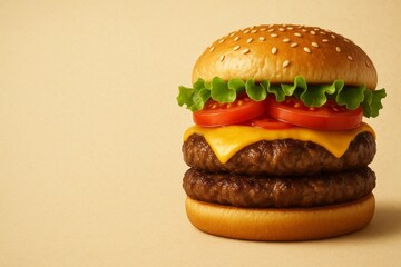 Tasty cheeseburger with lettuce, tomato, onion and sesame bun on beige background, gourmet fast food sandwich