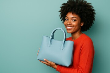 Turquoise handbag held by black woman wearing orange top against teal background, stylish fashion accessory