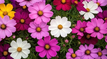 A vibrant mix of cosmos flowers in varying colors, creating a colorful and lively scene perfect for use in gardening, floral design, or spring-themed projects