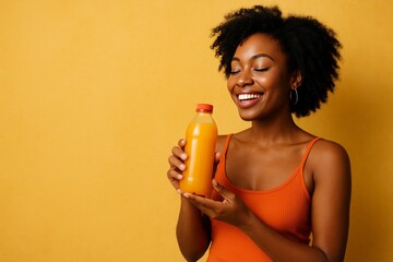 Smiling black woman with curly afro hair in orange top holding a bottle of fresh juice against yellow background, healthy lifestyle concept 