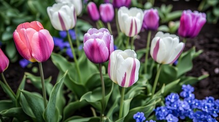 Fototapeta premium A vibrant arrangement of blooming tulips in shades of pink, purple, and white, set against lush green leaves, Perfect for floral-themed projects, gardening articles, or springtime promotions,
