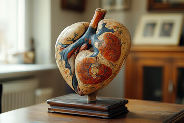 A vintage anatomical heart model crafted from wood stands on a pedestal, showcasing detailed veins in a cozy interior