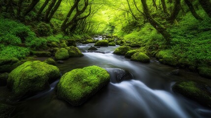 Fototapeta premium A serene stream flows through a lush green forest, with vibrant moss-covered rocks lining the banks, This image is perfect for nature-themed projects, environmental articles, or relaxation promotions