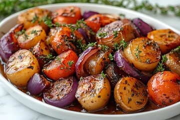 Roasted vegetables with herbs on white plate showcasing vibrant colors and perfect caramelization in a rustic healthy meal