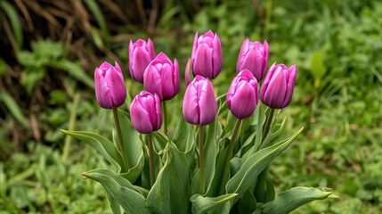 Fototapeta premium Vibrant pink tulips bloom amidst lush green foliage, creating a striking visual impact, This image can be used for gardening articles, spring promotions, or floral design projects,
