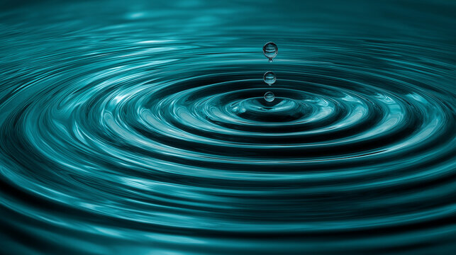 Teal water drop ripple effect on abstract background, creating concentric circles, smooth gradients, reflective textures, calming aquatic vibe, and fluid motion.